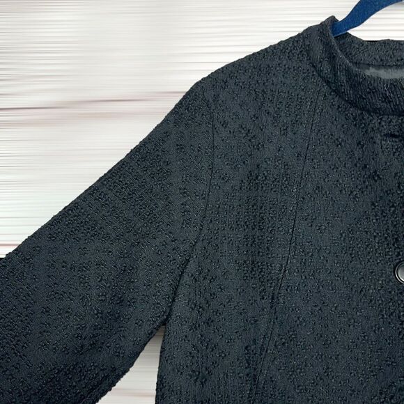 Eileen Fisher Textured Black Wool Swing Coat Silk Lined 3/4 Sleeve Band Collar S - Picture 6 of 13